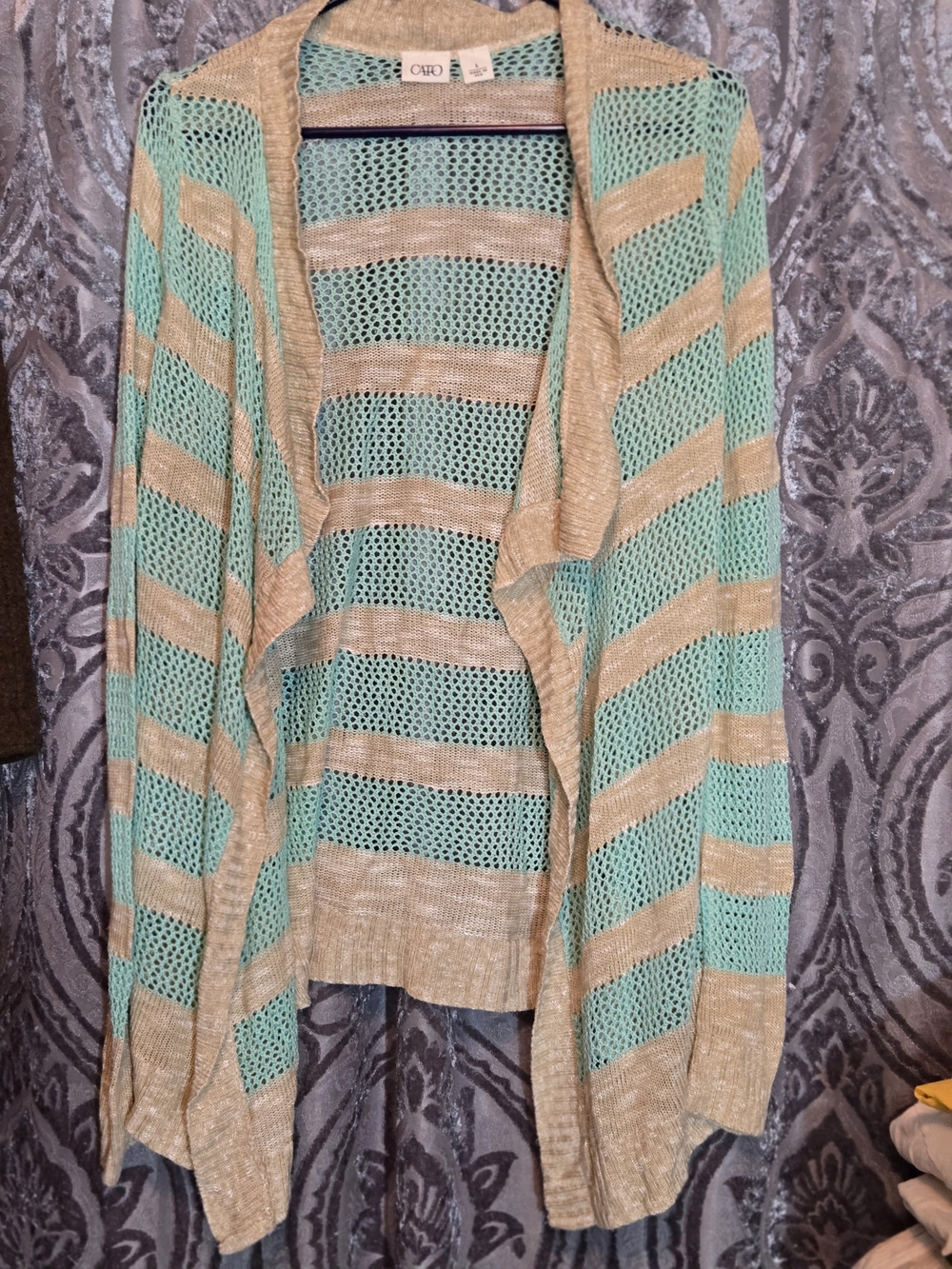 Cato Open-Front Mint & Beige Striped Knit Cardigan